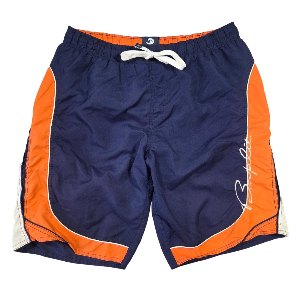 B. Split Mens Swim Trunks Navy Blue Orange Colorblock Mesh Lined Board Shorts 34